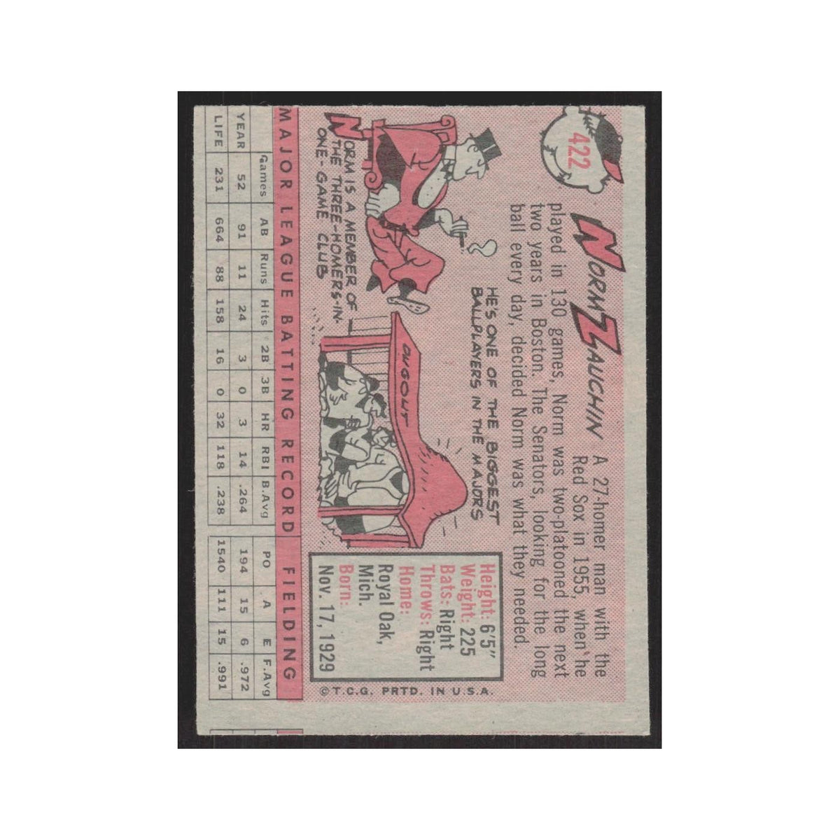 1958 Topps Norm Zauchin Washington Senators #422