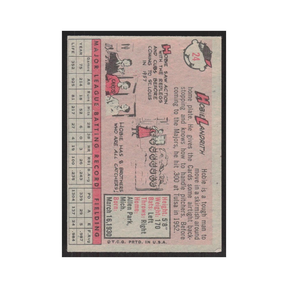 1958 Topps Hobie Landrith RC Cardinals #24