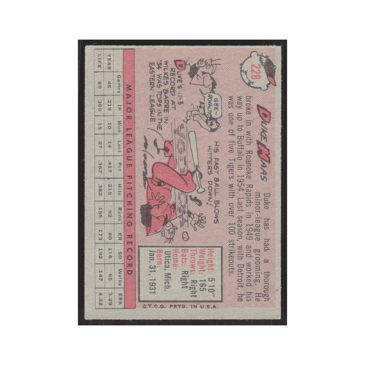 1958 Topps Duke Maas Kansas City Athletics #228