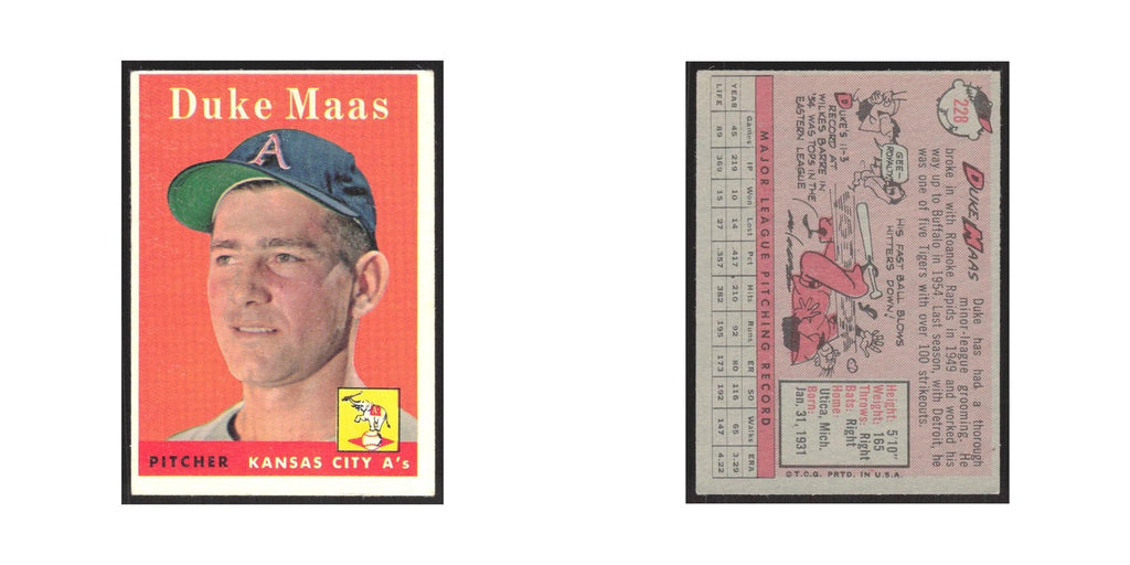 1958 Topps Duke Maas Kansas City Athletics #228