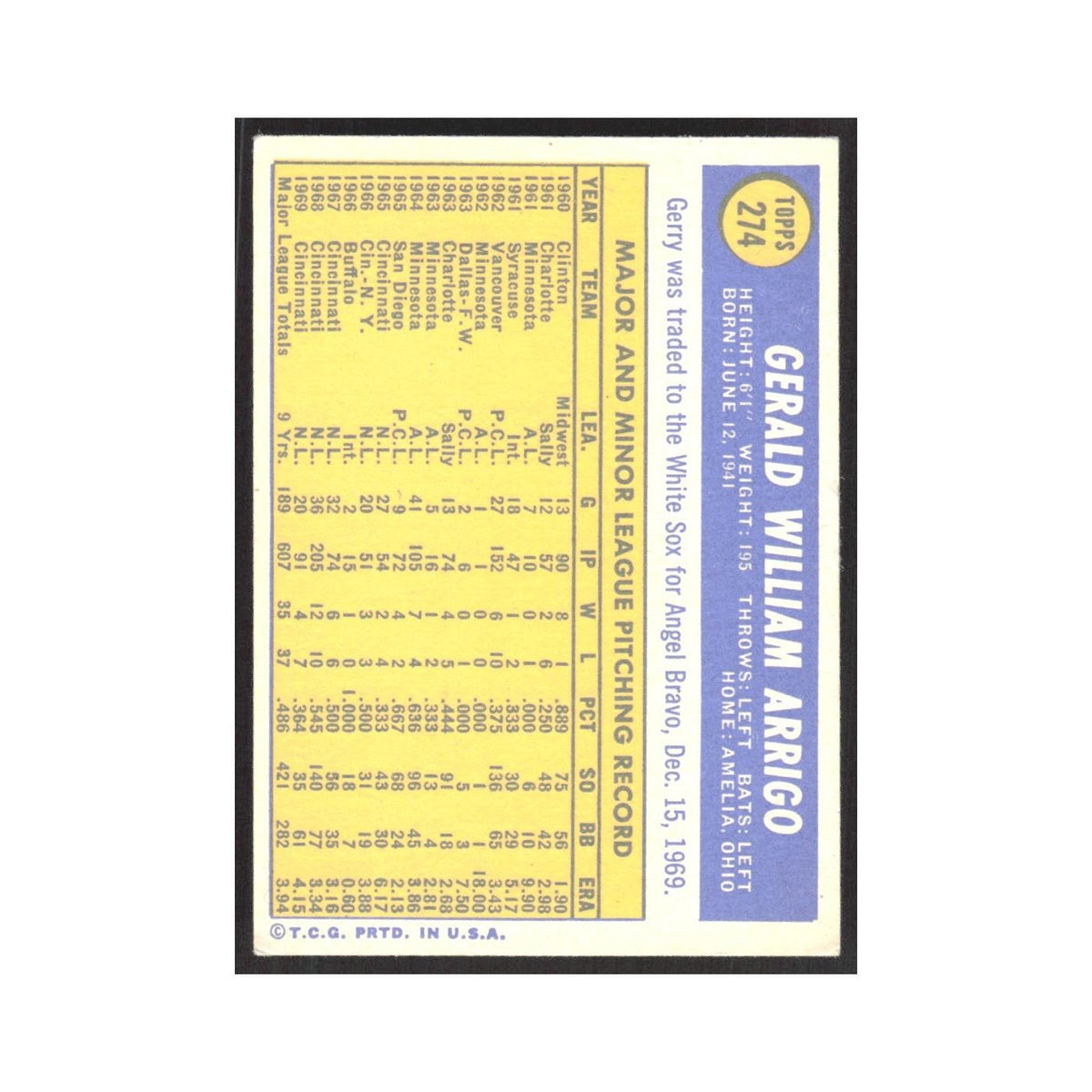 1970 Topps Gerry Arrigo White Sox #274