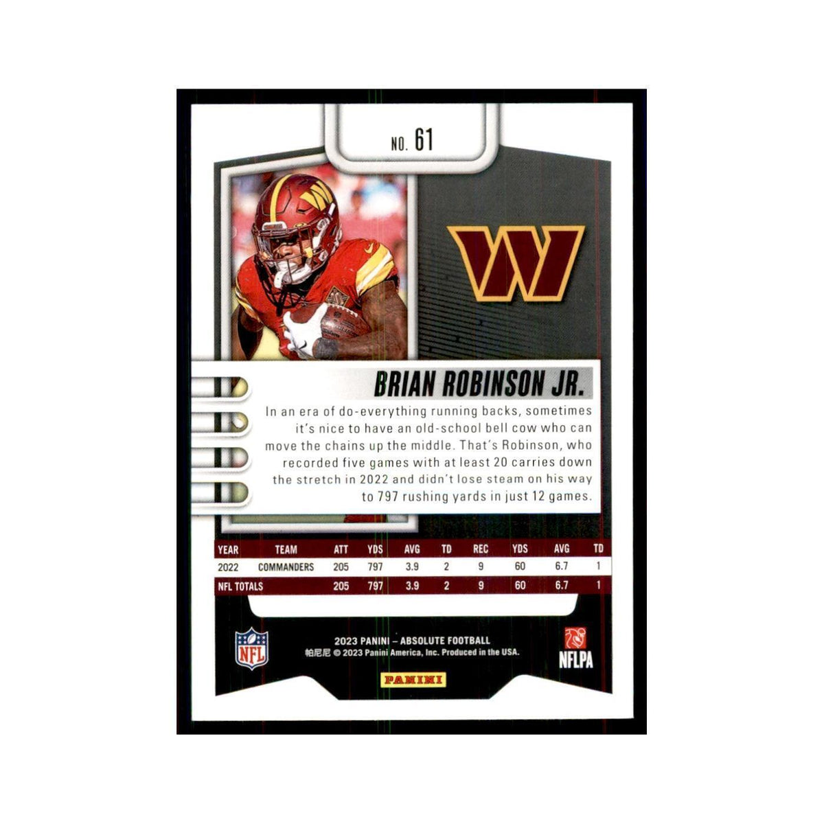 2023 Panini Absolute Brian Robinson Jr Commanders #61