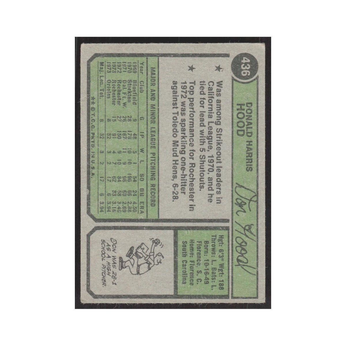1974 Topps Don Hood RC Orioles #436