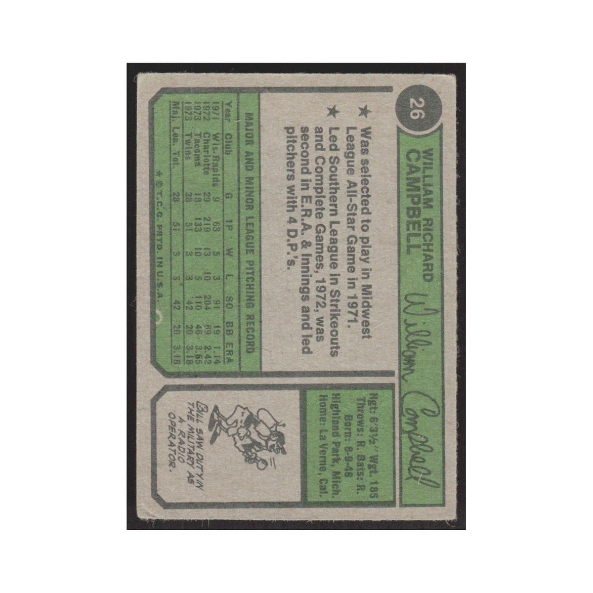 1974 Topps Bill Campbell RC Twins #26