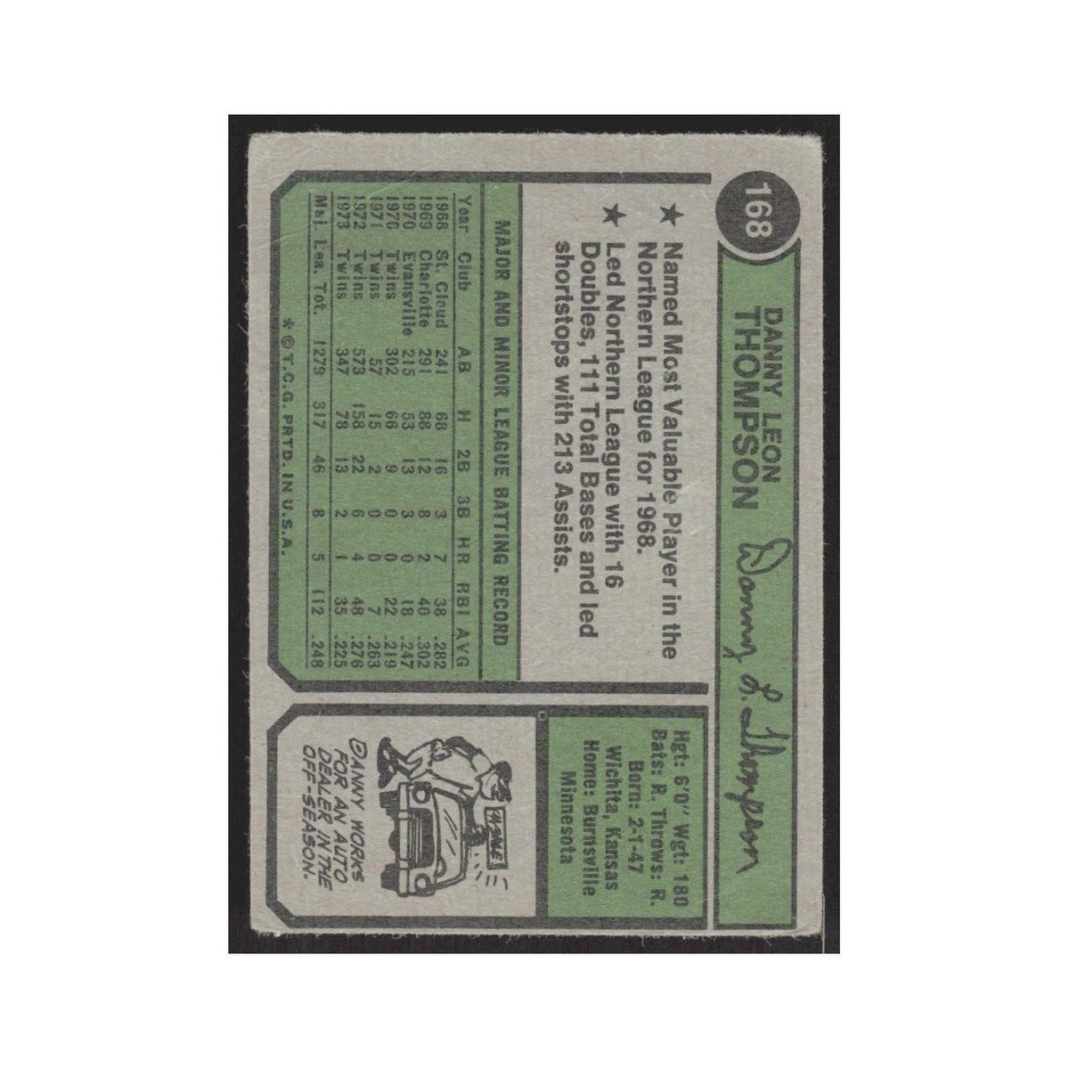 1974 Topps Danny Thompson Twins #168