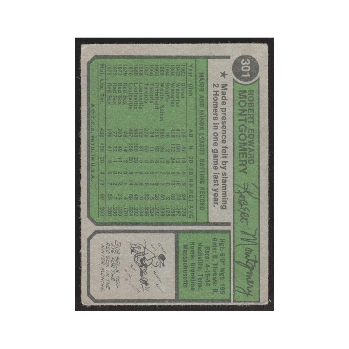 1974 Topps Bob Montgomery Red Sox #301