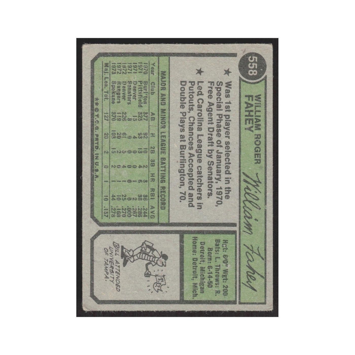 1974 Topps Bill Fahey Rangers #558