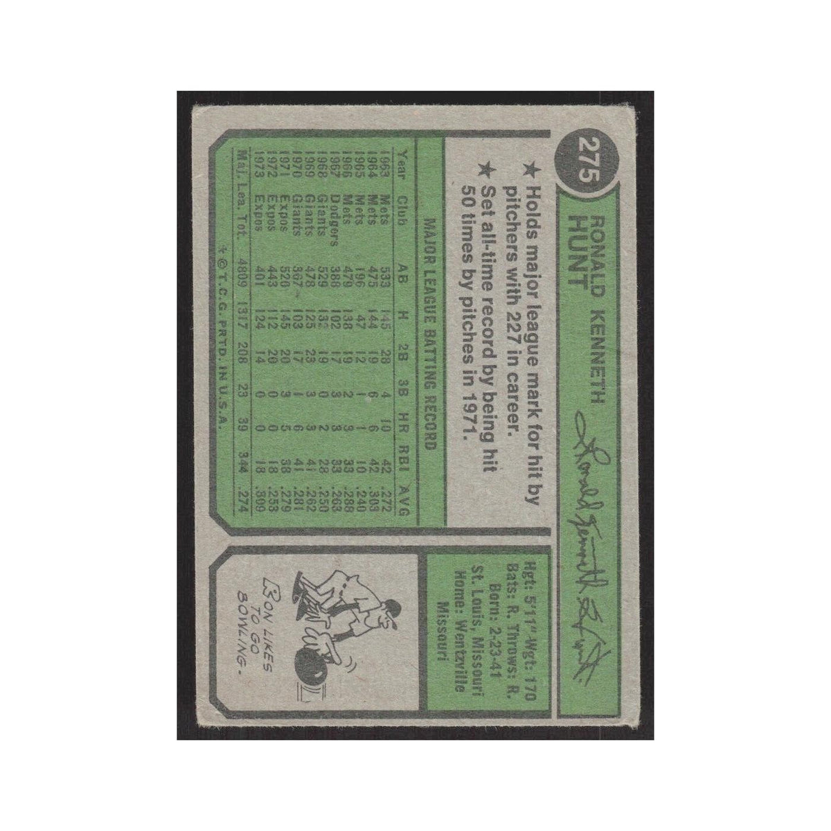 1974 Topps Ron Hunt Montreal Expos #275