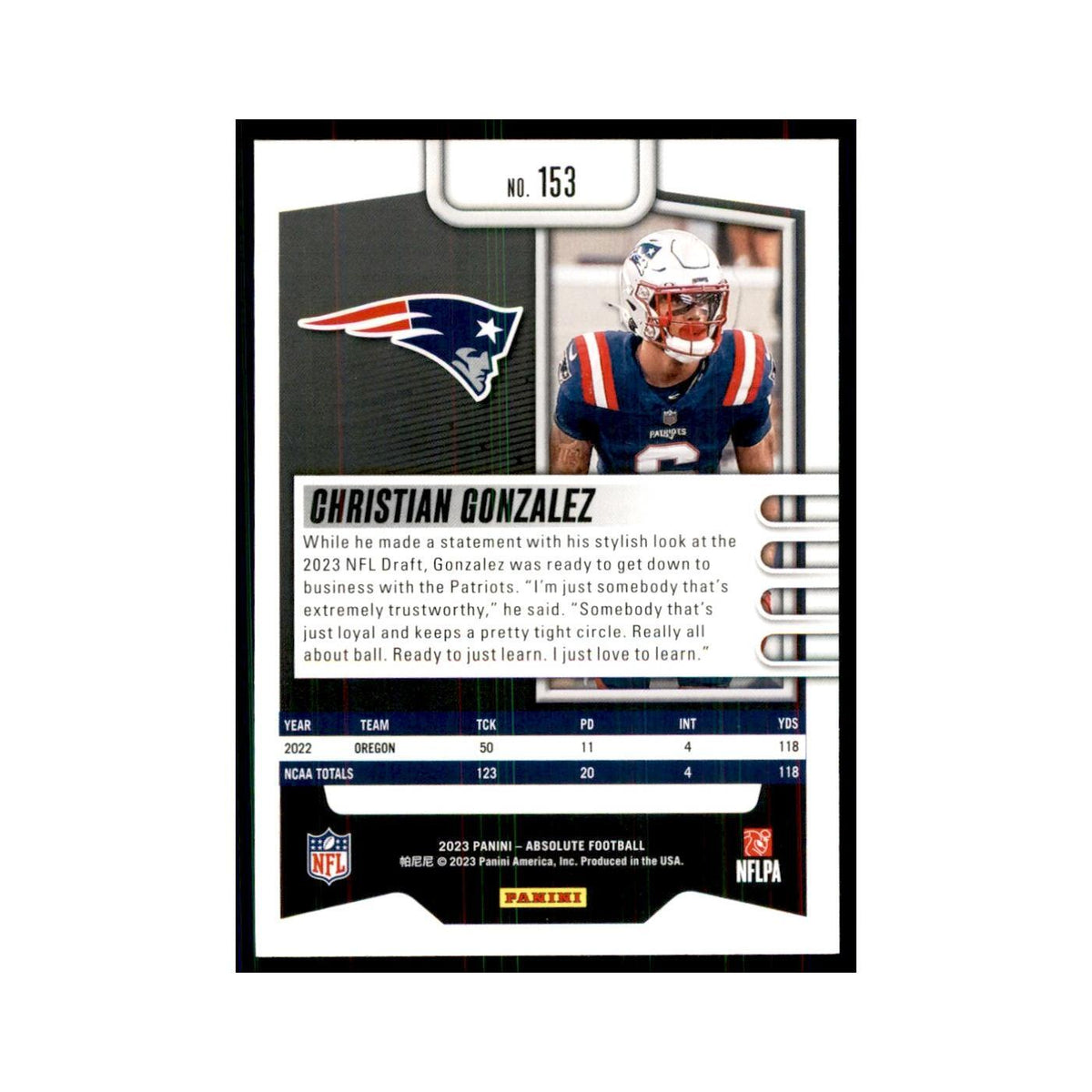 2023 Panini Absolute Foil Christian Gonzalez RC Patriots #153