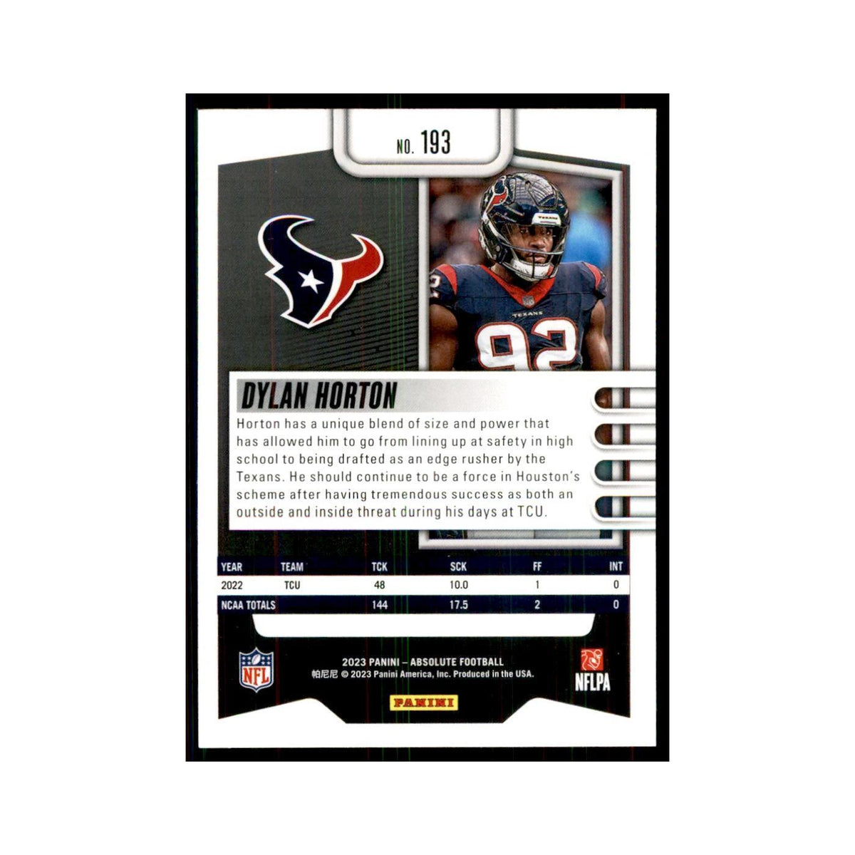 2023 Panini Absolute Foil Dylan Horton RC Texans #193