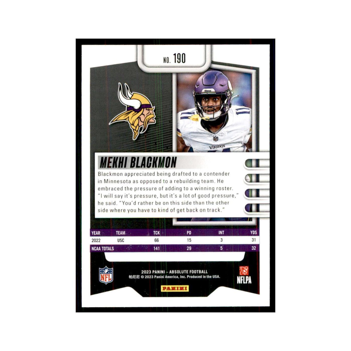 2023 Panini Absolute Foil Mekhi Blackmon RC Vikings #190