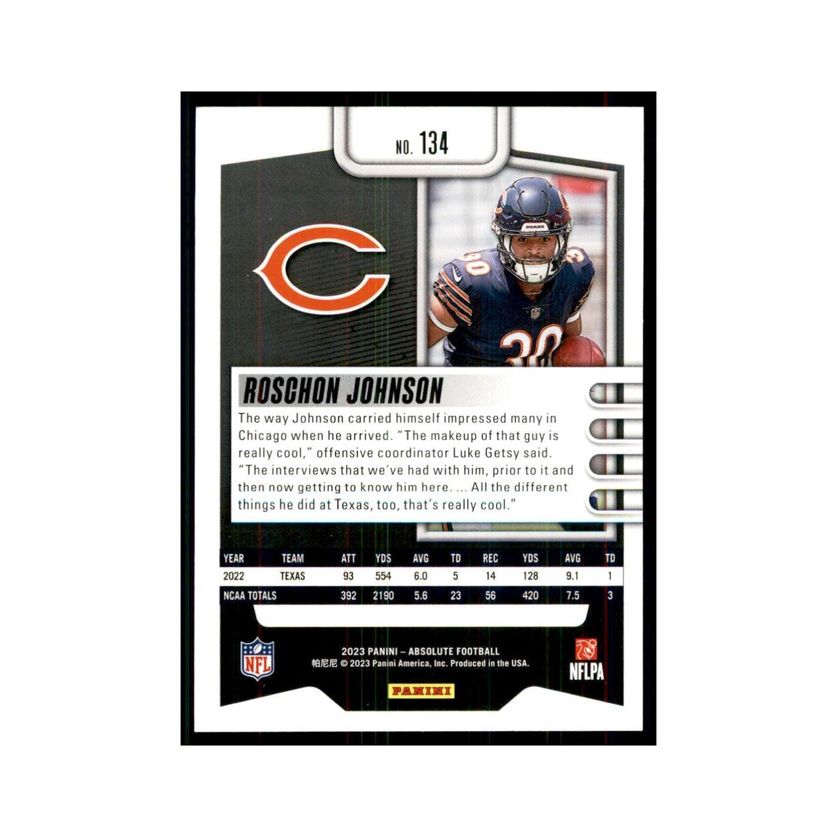 2023 Panini Absolute Foil Roschon Johnson RC Bears #134