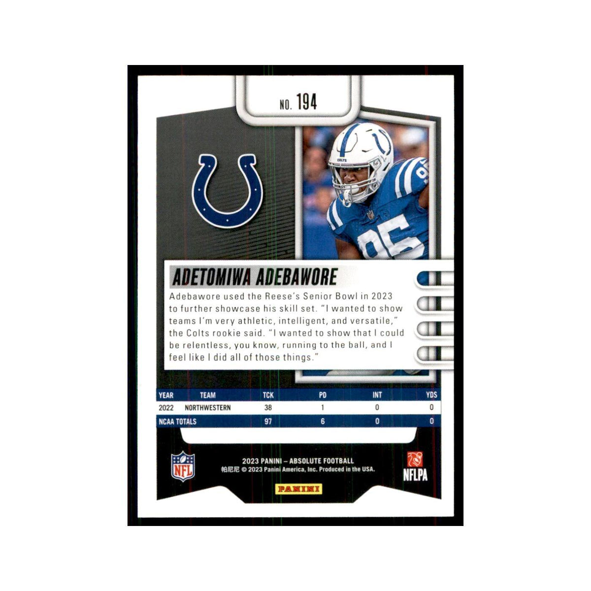 2023 Panini Absolute Foil Adetomiwa Adebawore RC Colts #194