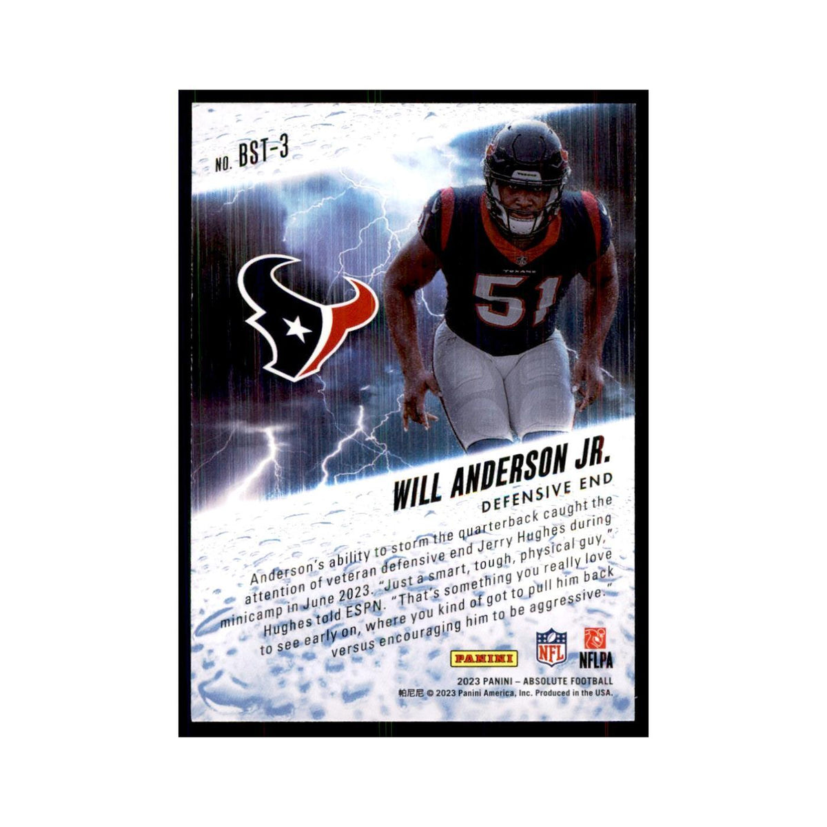 2023 Panini Absolute By Storm Will Anderson Jr. RC Texans #BST-3