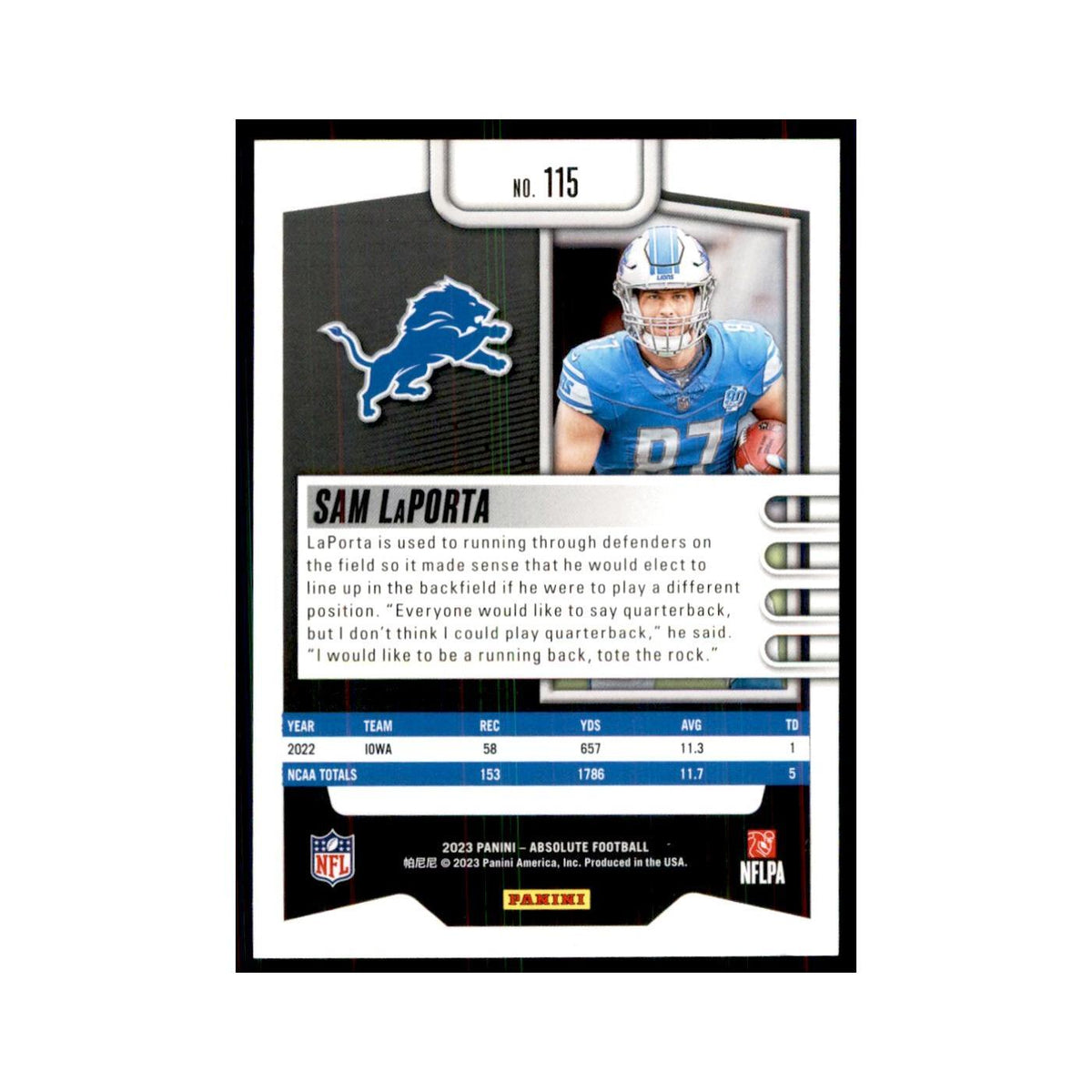2023 Panini Absolute Foil Sam LaPorta RC Lions #115