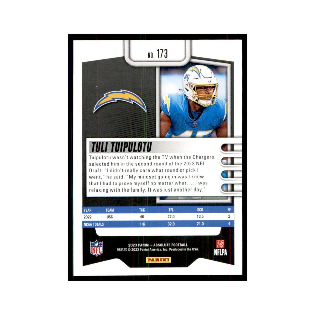 2023 Panini Absolute Foil Tuli Tuipulotu RC Chargers #173