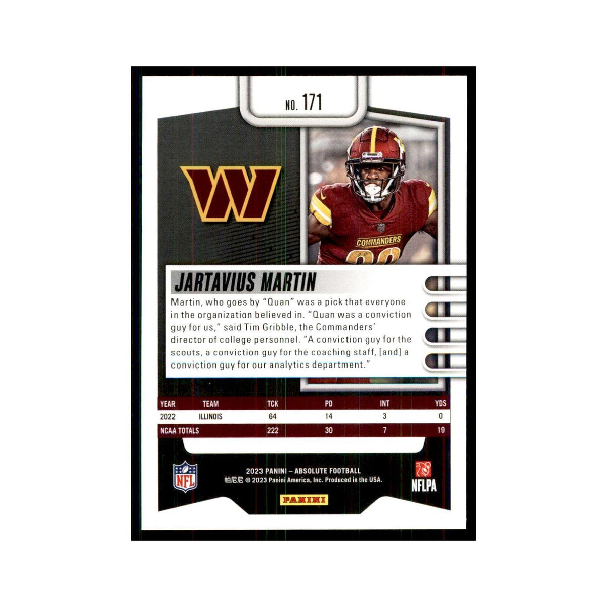 2023 Panini Absolute Foil Jartavius Martin RC Commanders #171