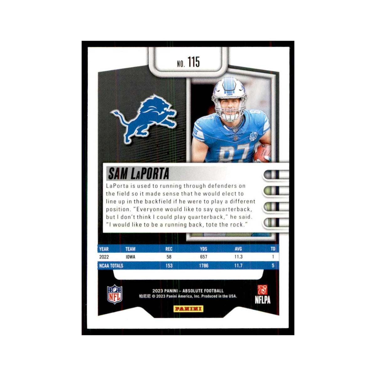 2023 Panini Absolute Foil Sam LaPorta RC Lions #115