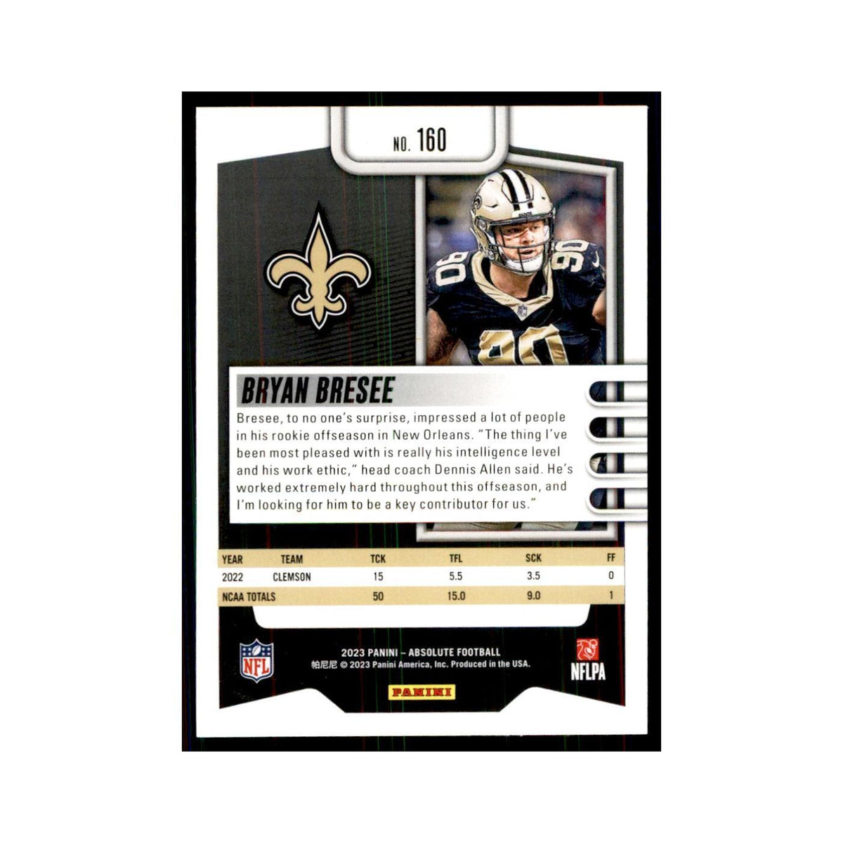 2023 Panini Absolute Foil Bryan Bresee RC Saints #160