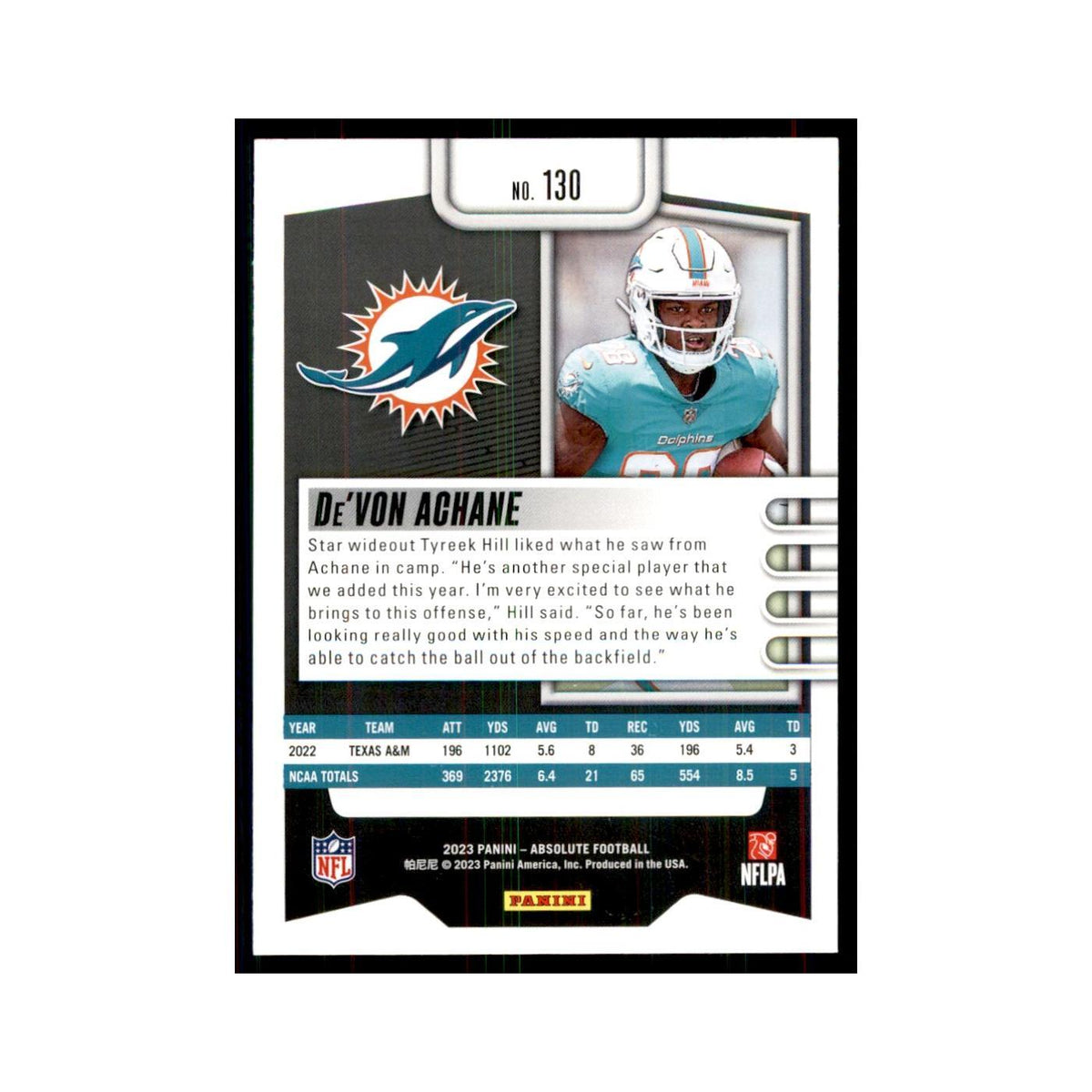 2023 Panini Absolute Foil De'Von Achane RC Dolphins #130