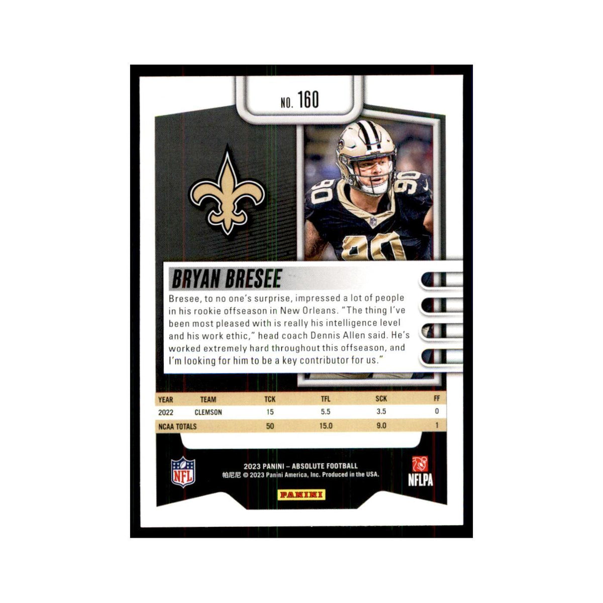 2023 Panini Absolute Foil Bryan Bresee RC Saints #160