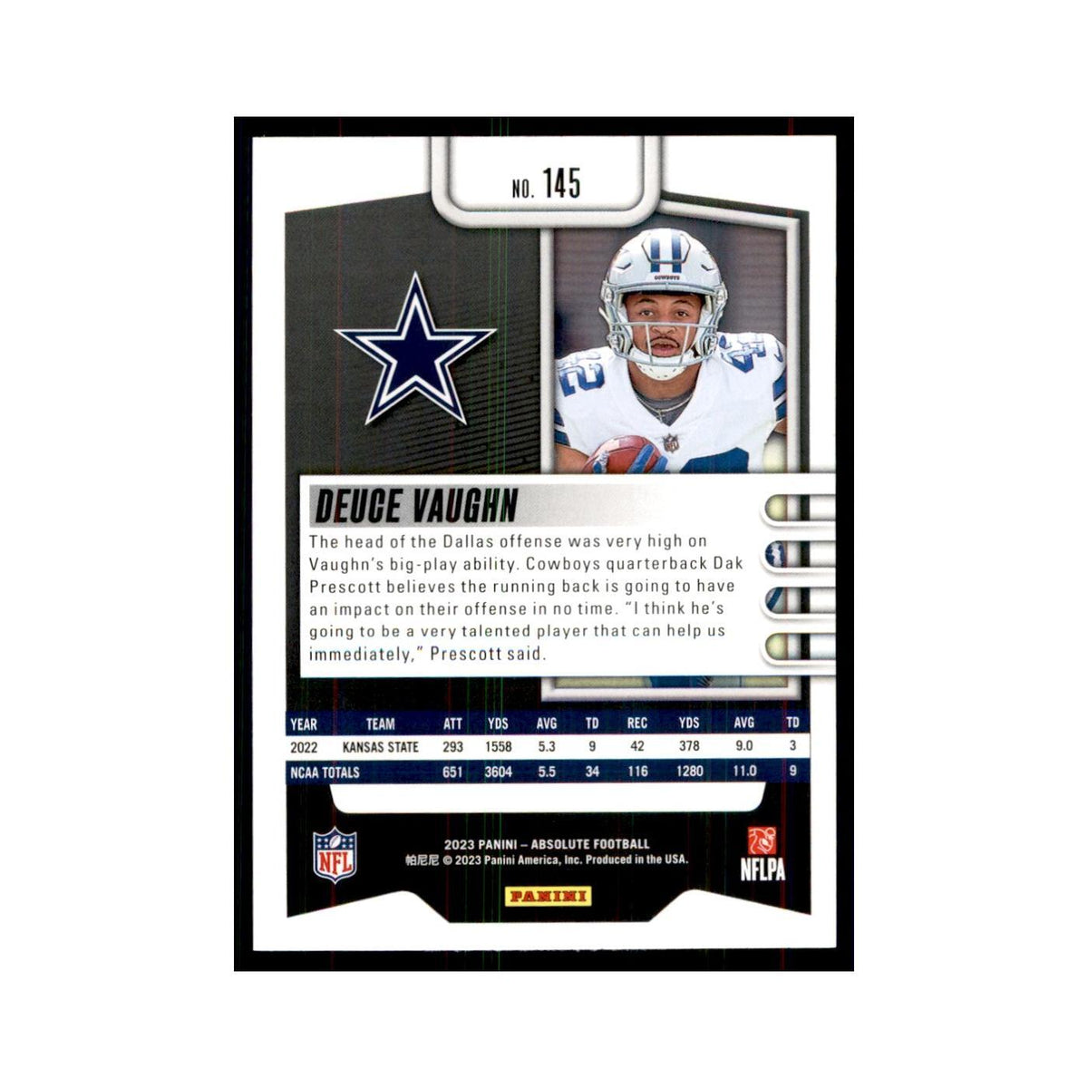 2023 Panini Absolute Foil Deuce Vaughn RC Cowboys #145