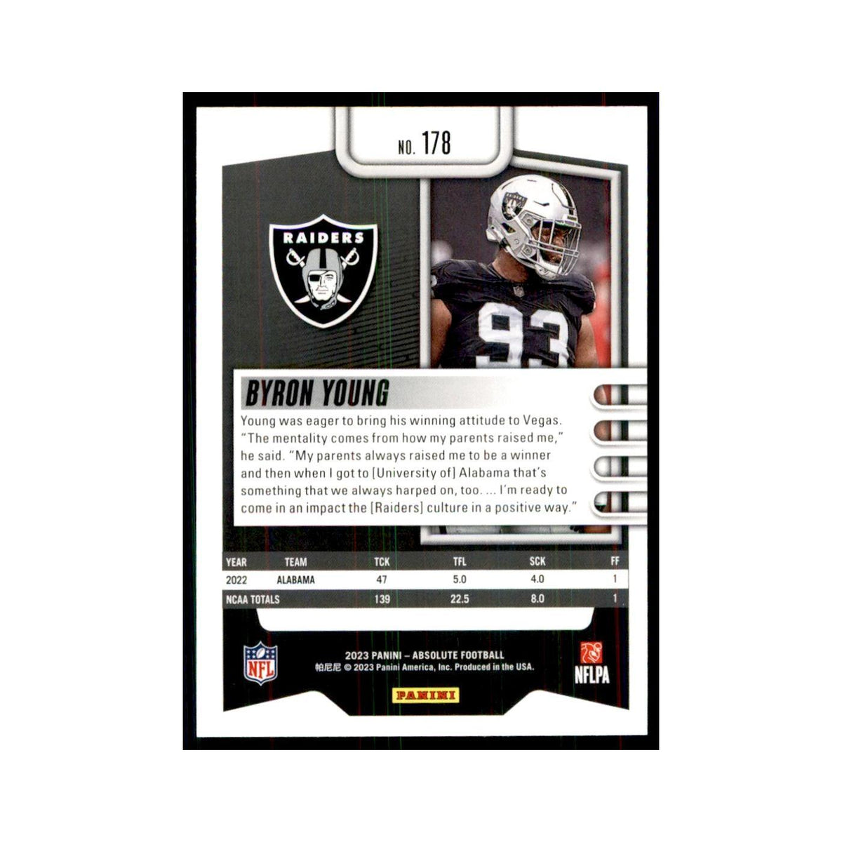 2023 Panini Absolute Foil Byron Young RC Raiders #178