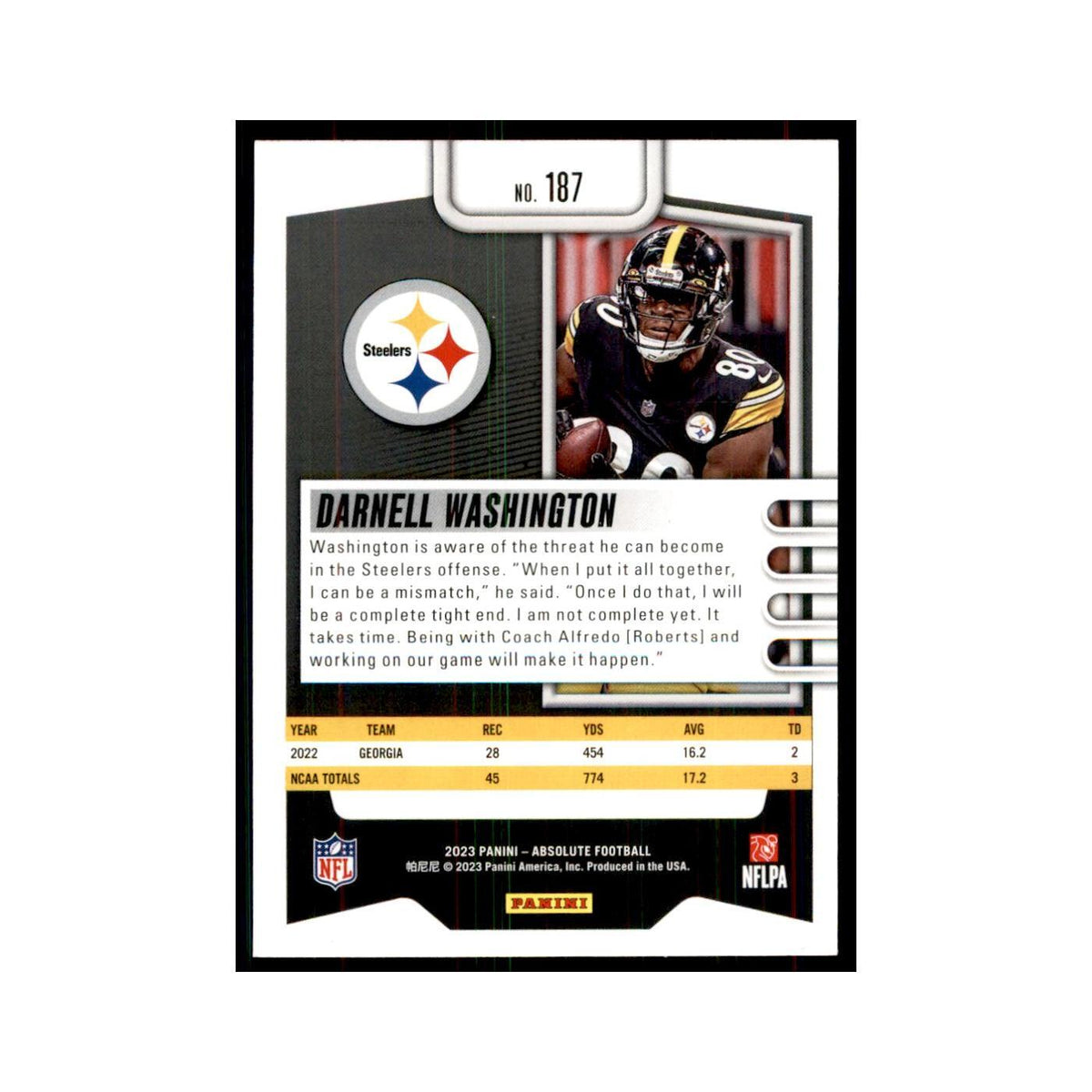 2023 Panini Absolute Foil Darnell Washington RC Steelers #187