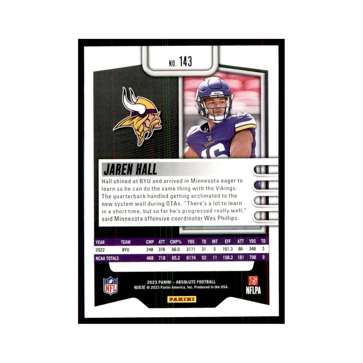 2023 Panini Absolute Foil Jaren Hall RC Vikings #143