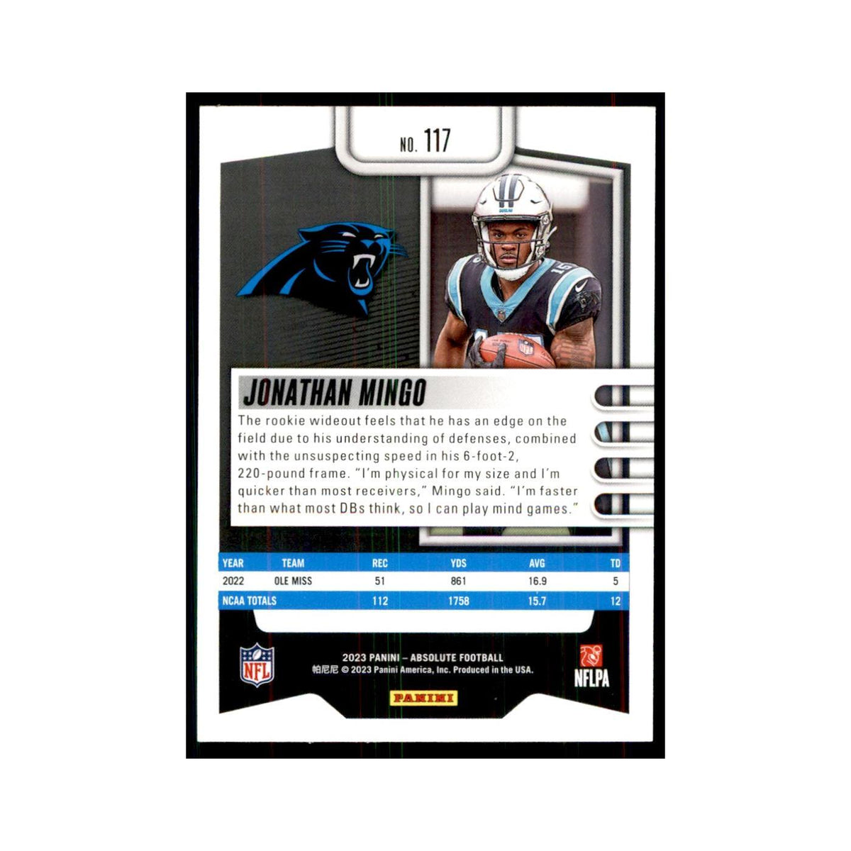 2023 Panini Absolute Foil Jonathan Mingo RC Panthers #117