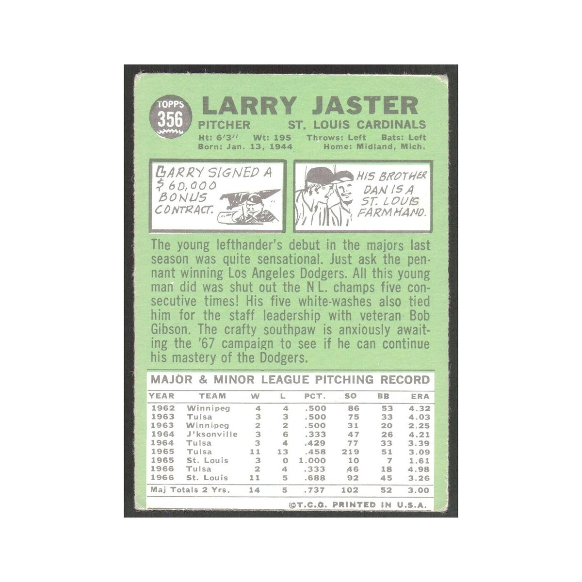 1967 Topps Larry Jaster RC Cardinals #356