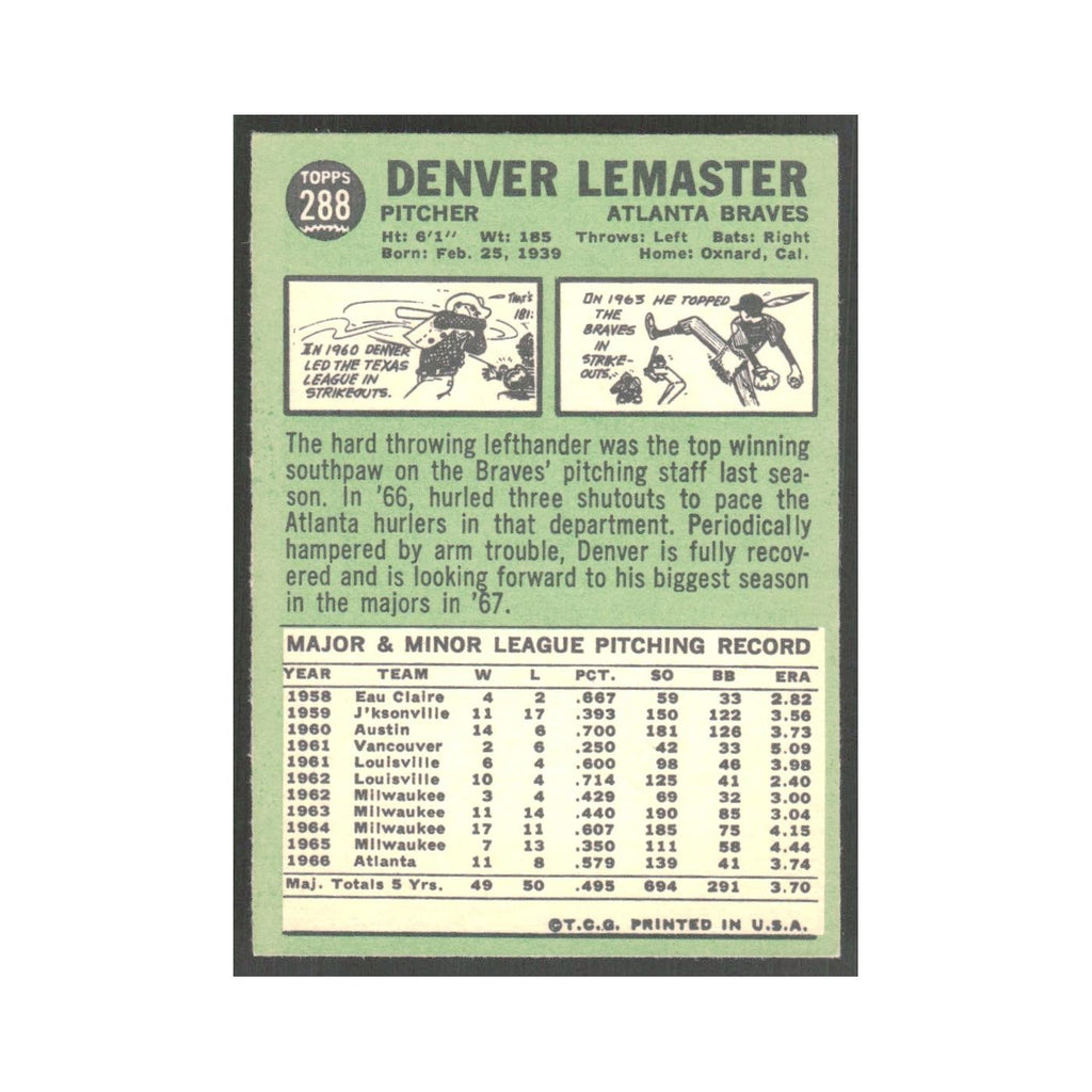 1967 Topps Denver Lemaster Braves #288