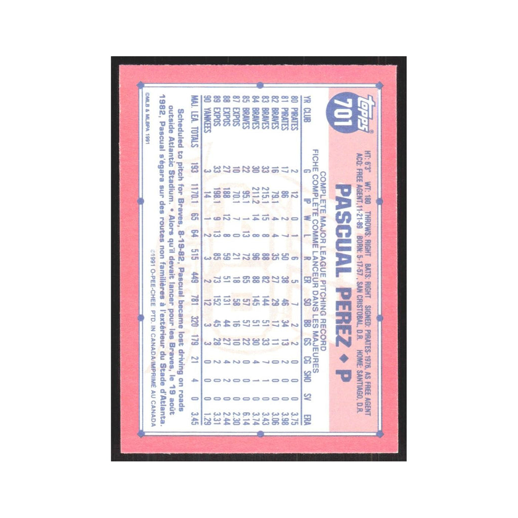 1991 O-Pee-Chee Pascual Perez Yankees #701