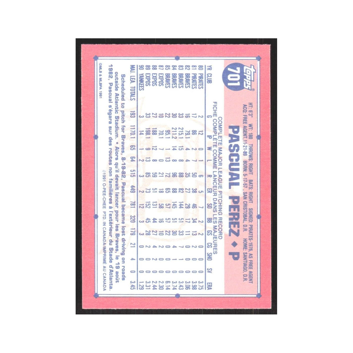 1991 O-Pee-Chee Pascual Perez Yankees #701