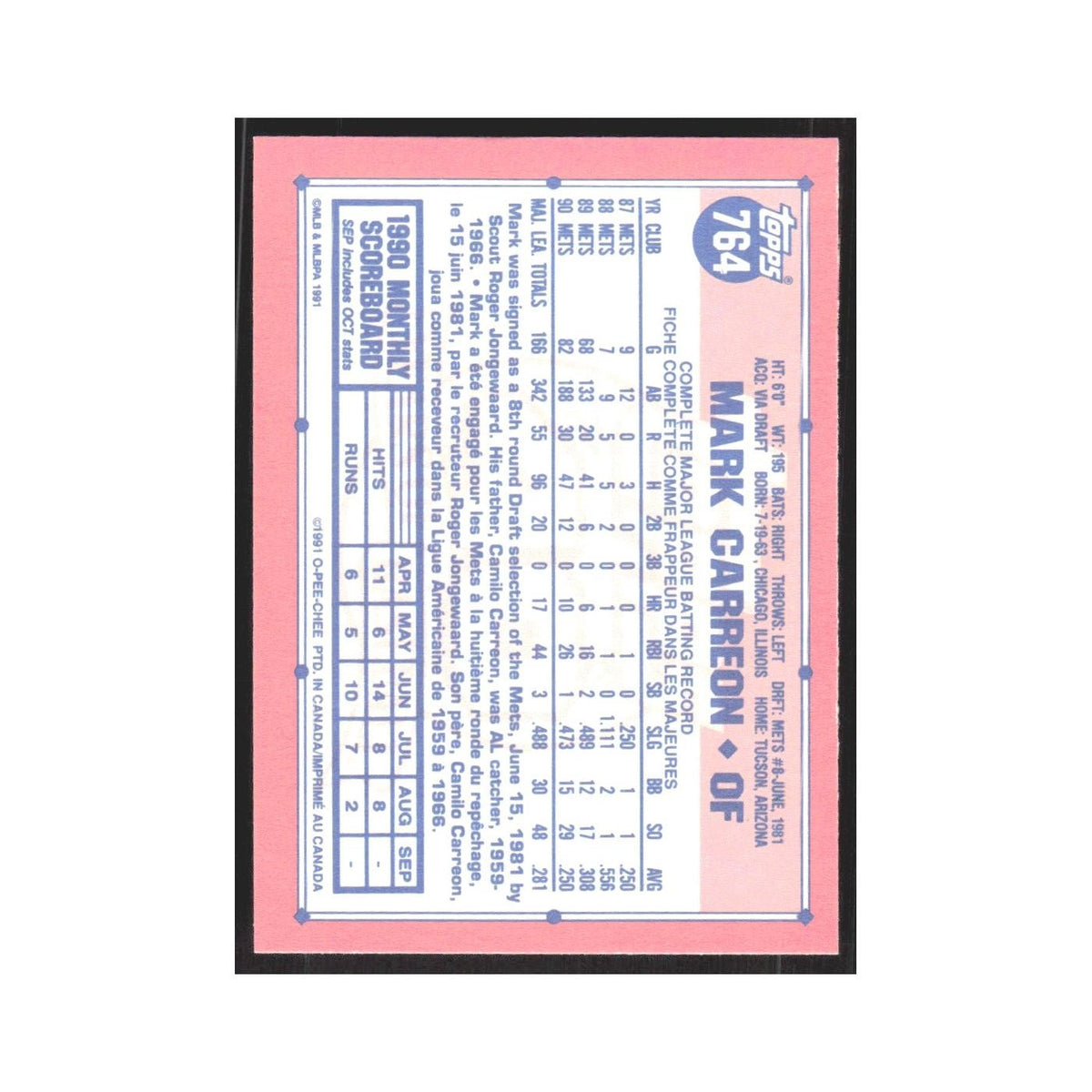 1991 O-Pee-Chee Mark Carreon Mets #764