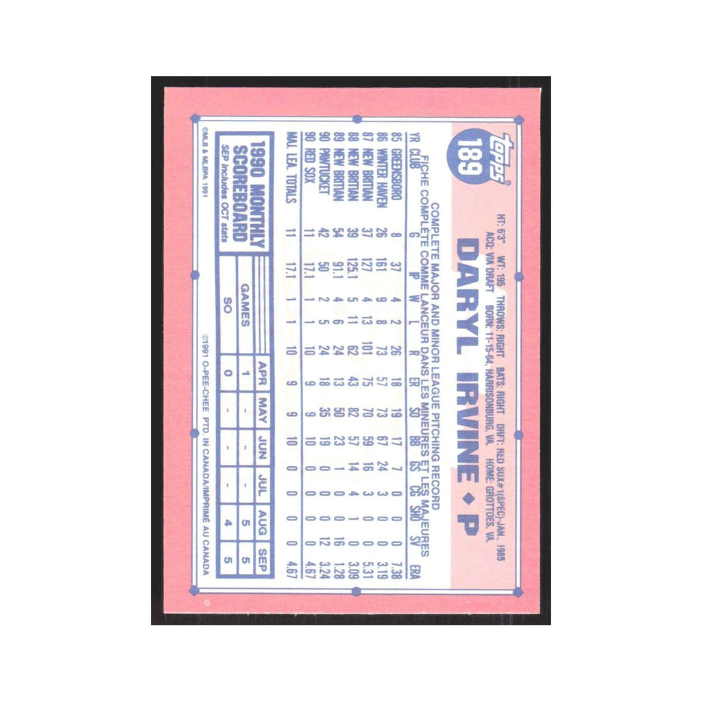 1991 O-Pee-Chee Daryl Irvine RC Red Sox #189
