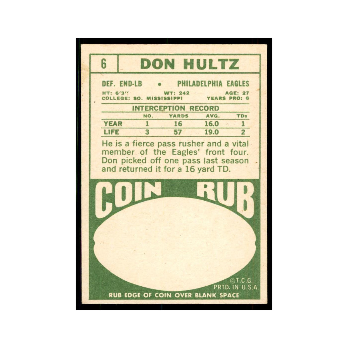 1968 Topps Don Hultz Eagles #6