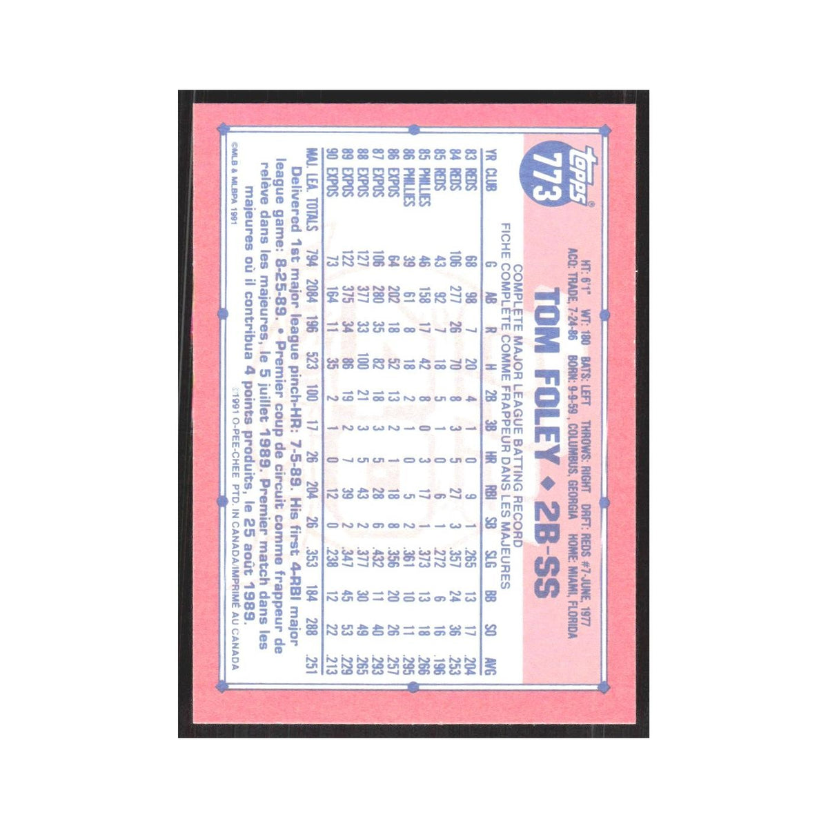 1991 O-Pee-Chee Tom Foley Montreal Expos #773