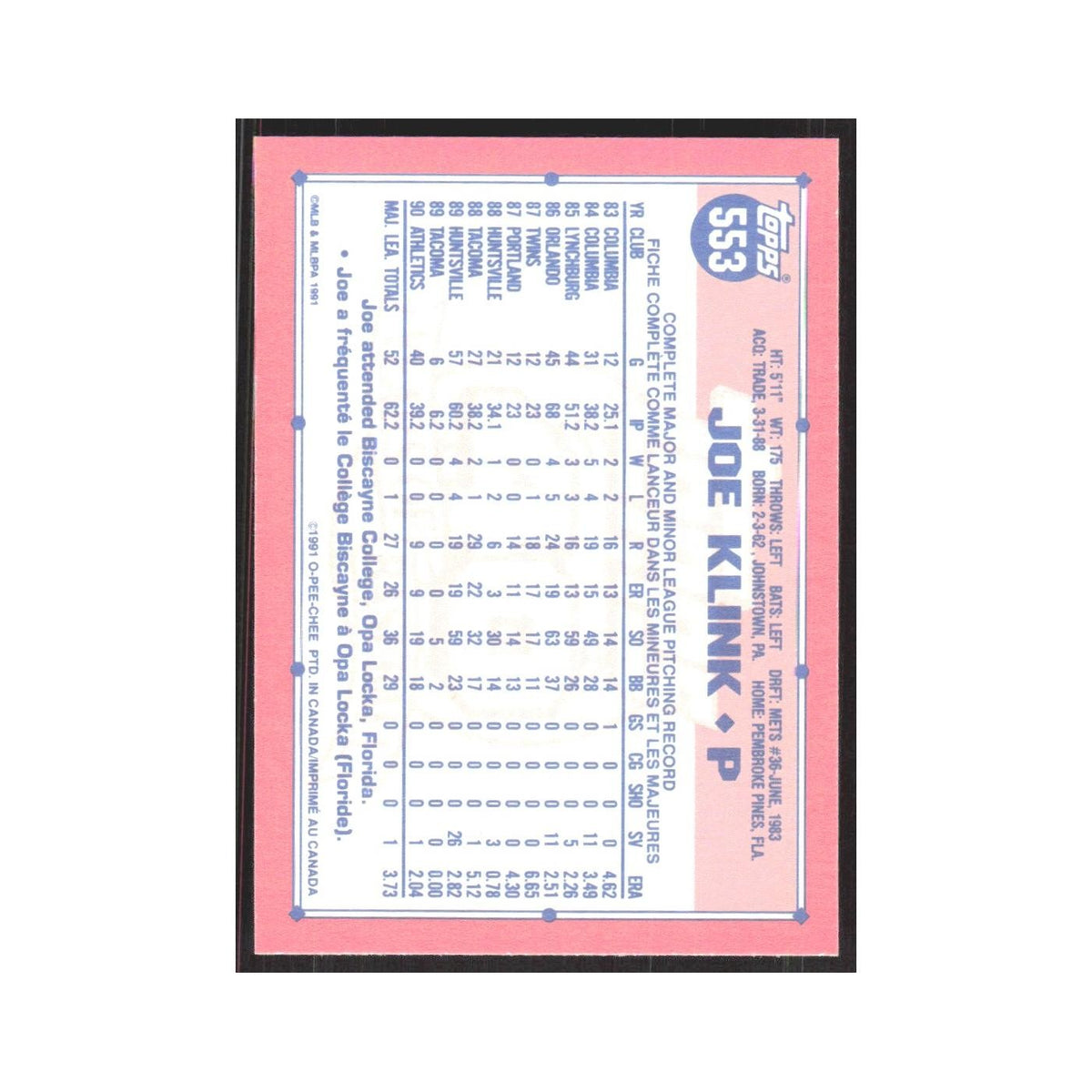 1991 O-Pee-Chee Joe Klink Athletics #553