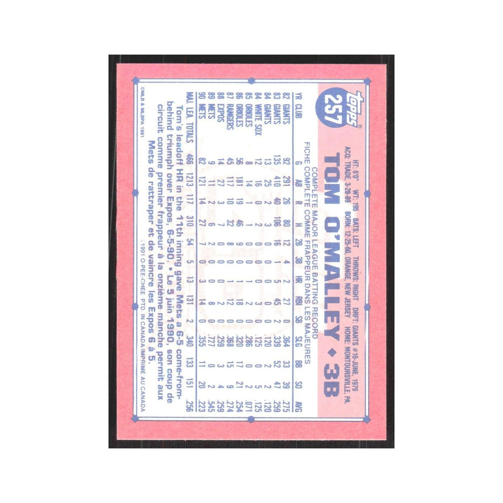 1991 O-Pee-Chee Tom O'Malley Mets #257