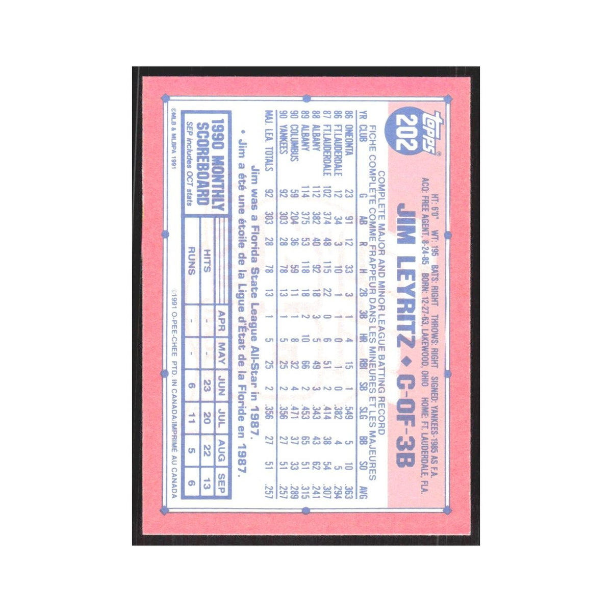 1991 O-Pee-Chee Jim Leyritz Yankees #202
