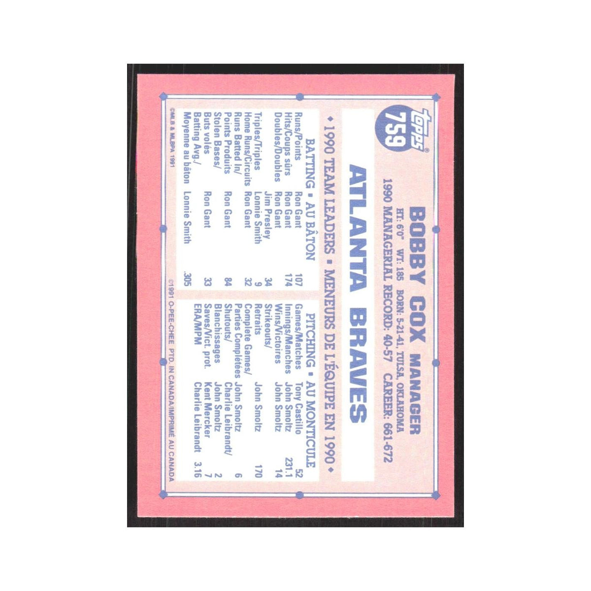 1991 O-Pee-Chee Bobby Cox Braves #759