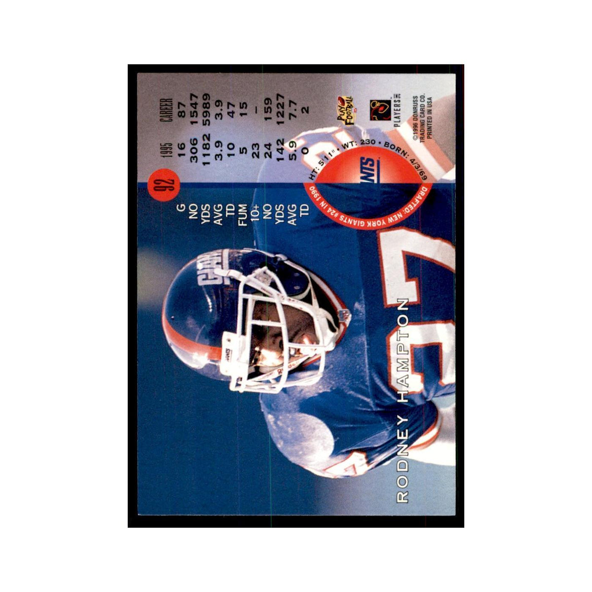 1996 Leaf Rodney Hampton Giants #92