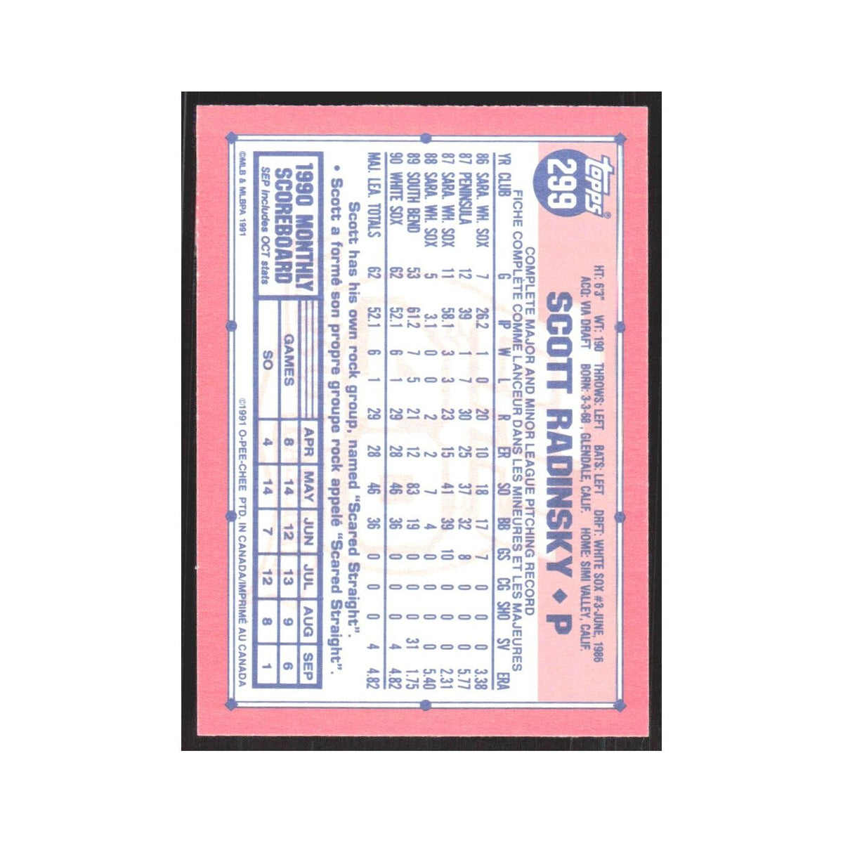 1991 O-Pee-Chee Scott Radinsky RC Gold Cup White Sox #299