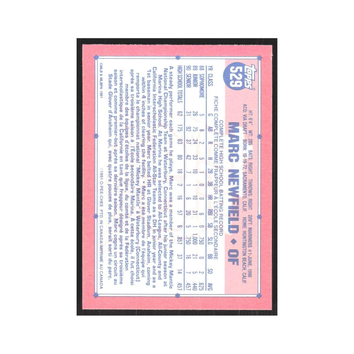1991 O-Pee-Chee Marc Newfield RC Mariners #529