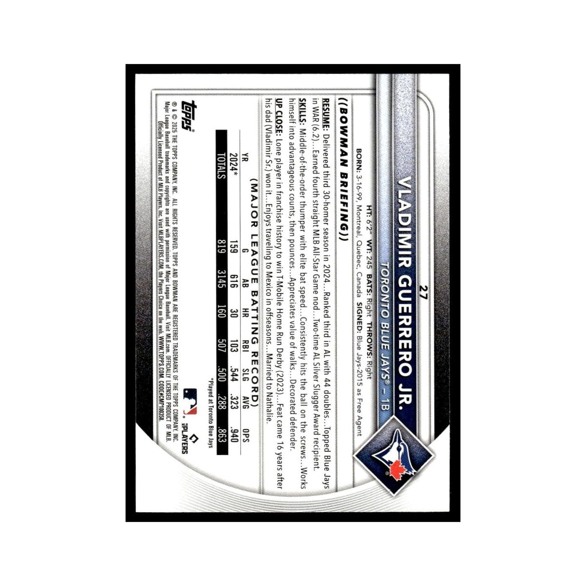 2025 Bowman Vladimir Guerrero Jr. Blue Jays #27