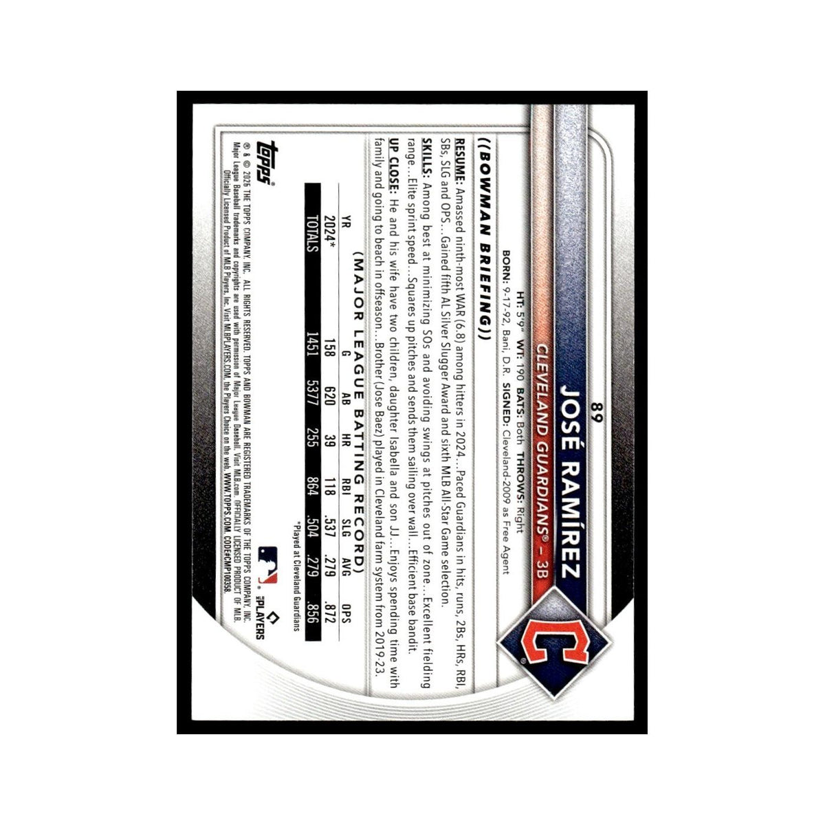 2025 Bowman Jose Ramirez Guardians #89