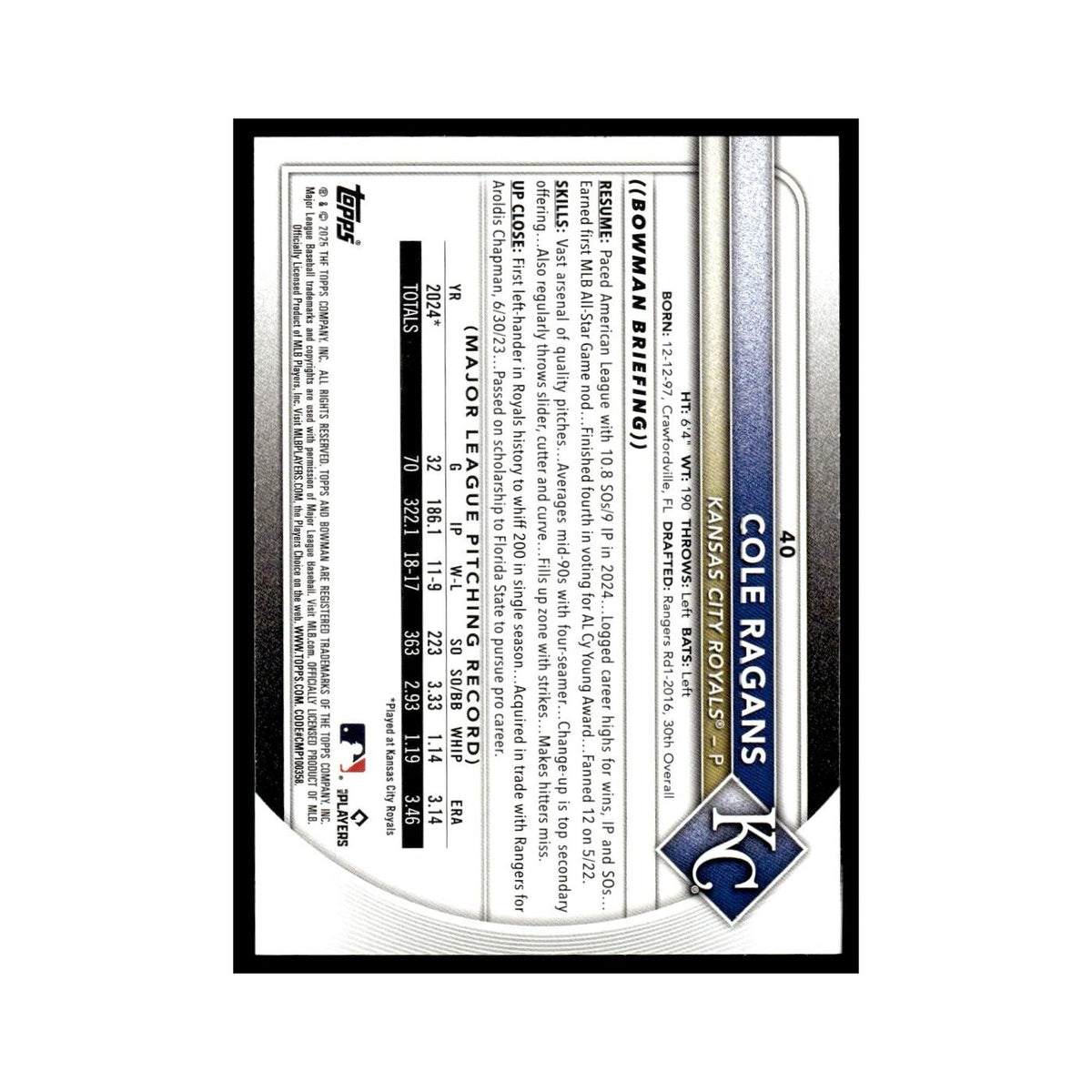 2025 Bowman Cole Ragans Royals #40