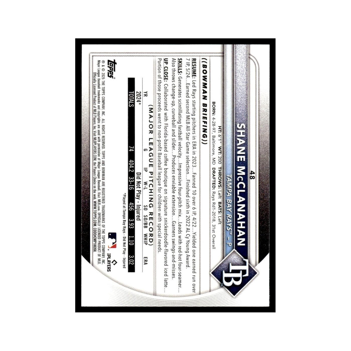 2025 Bowman Shane McClanahan Rays #48