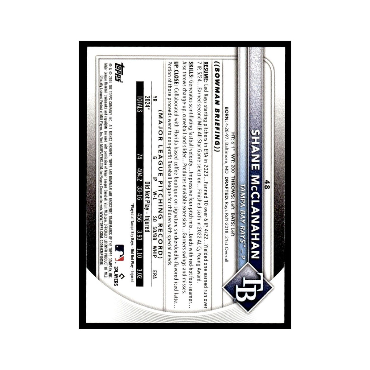 2025 Bowman Shane McClanahan Rays #48